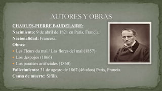 CHARLES-PIERRE BAUDELAIRE:
Nacimiento: 9 de abril de 1821 en París, Francia.
Nacionalidad: Francesa.
Obras:
 Les Fleurs du mal / Las flores del mal (1857)
 Los despojos (1866)
 Los paraísos artificiales (1860)
Fallecimiento: 31 de agosto de 1867 (46 años) París, Francia.
Causa de muerte: Sífilis.
 