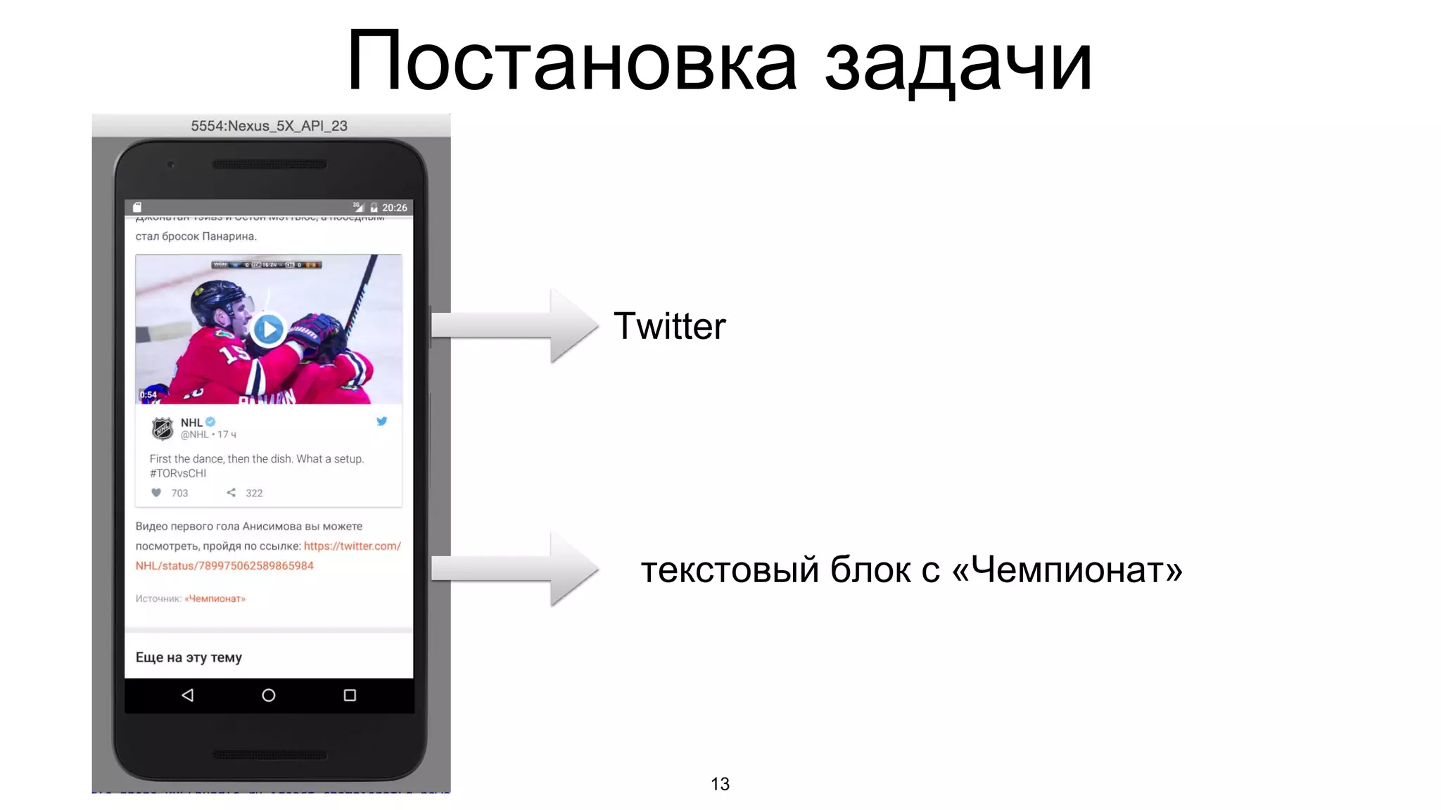 Постановка задачи
13
Twitter
текстовый блок с «Чемпионат»
 