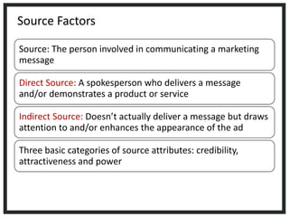 Source Factors
Source: The person involved in communicating a marketing
message
Direct Source: A spokesperson who delivers a message
and/or demonstrates a product or service
Indirect Source: Doesn’t actually deliver a message but draws
attention to and/or enhances the appearance of the ad
Three basic categories of source attributes: credibility,
attractiveness and power
 