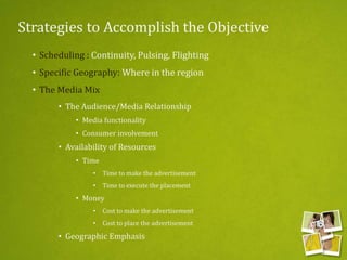 Strategies to Accomplish the Objective
• Scheduling : Continuity, Pulsing, Flighting
• Specific Geography: Where in the region
• The Media Mix
• The Audience/Media Relationship
• Media functionality
• Consumer involvement
• Availability of Resources
• Time
• Time to make the advertisement
• Time to execute the placement
• Money
• Cost to make the advertisement
• Cost to place the advertisement
• Geographic Emphasis
 