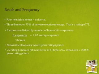 Reach and Frequency
• Four television homes = universe.
• Three homes or 75% of universe receive message. That’s a rating of 75.
• 8 exposures divided by number of homes hit = exposures.
8_exposures = 2.67 average exposure
3 homes
• Reach times frequency equals gross ratings points:
• 75 rating (3 homes hit in universe of 4) times 2.67 exposures = 200.25
gross rating points.
 