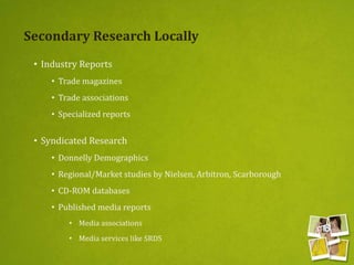 Secondary Research Locally
• Industry Reports
• Trade magazines
• Trade associations
• Specialized reports
• Syndicated Research
• Donnelly Demographics
• Regional/Market studies by Nielsen, Arbitron, Scarborough
• CD-ROM databases
• Published media reports
• Media associations
• Media services like SRDS
 
