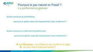 Pourquoi le gaz naturel en Passif ?
La performance globale
Quitte à produire du biométhane,
pourquoi le gâcher dans des équipements à bas rendement ?
Quitte à produire un bâtiment très performant,
pourquoi le gâcher avec des équipements à bas rendement ?
 La Fleuriaye, une référence qui confirme la règle
 Un pas vers le bâtiment positif ?
 