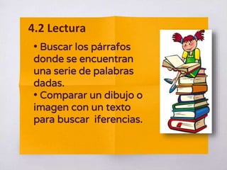 • Buscar los párrafos
donde se encuentran
una serie de palabras
dadas.
• Comparar un dibujo o
imagen con un texto
para buscar iferencias.
4.2 Lectura
 