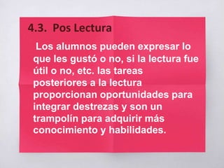 Los alumnos pueden expresar lo
que les gustó o no, si la lectura fue
útil o no, etc. las tareas
posteriores a la lectura
proporcionan oportunidades para
integrar destrezas y son un
trampolín para adquirir más
conocimiento y habilidades.
4.3. Pos Lectura
 