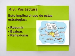 Esto implica el uso de estas
estrategias:
• Resumir.
• Evaluar.
• Reflexionar.
4.3. Pos Lectura
 