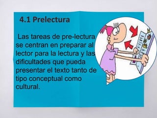 Las tareas de pre-lectura
se centran en preparar al
lector para la lectura y las
dificultades que pueda
presentar el texto tanto de
tipo conceptual como
cultural.
4.1 Prelectura
 