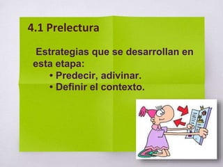 Estrategias que se desarrollan en
esta etapa:
• Predecir, adivinar.
• Definir el contexto.
4.1 Prelectura
 