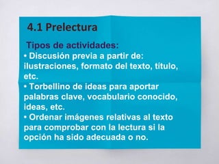 Tipos de actividades:
• Discusión previa a partir de:
ilustraciones, formato del texto, título,
etc.
• Torbellino de ideas para aportar
palabras clave, vocabulario conocido,
ideas, etc.
• Ordenar imágenes relativas al texto
para comprobar con la lectura si la
opción ha sido adecuada o no.
4.1 Prelectura
 