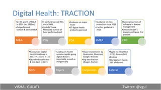 VISHAL GULATI Twitter: @vgul
Digital Health: TRACTION
•$ 2.5b worth of M&A
in 2014 (av. $210m)
•Outperformed
biotech & device M&A
M&A
•8 venture backed IPOs
since 2009
•Include Veeva,
MediData but not all
have performed well
IPOs
•Guidance on major
issues
•27 digital health
products approved
FDA
•Guidance on data
protection since 2013
•Further guidance in
2015
EMEA
•Recongnised role of
software in disease
management
•Omada Health’s
diabetes software first
product
CDC
•Announced Digital
Health Roadmap in
2013. Pt. access in ’15
•Launched accelerator
& test-beds in 2015
NHS
•Leading US health
systems rapidly going
digital (Kaiser)
organically as well as
inorganically
Payers
•Major investments by
Qualcomm, Bluecross,
Google, Novartis
•Big data traction
(Biogen, Roche)
Corporates
•Apple Inc: HealthKit
(EPIC), ResearchKit
•Android
•IBM Watson: Apple,
J&J, Medtronic
Lateral
 