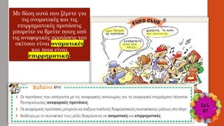 Με βάση αυτά που ξέρετε για
τις ονοματικές και τις
επιρρηματικές προτάσεις
μπορείτε να βρείτε ποιες από
τις αναφορικές προτάσεις του
σκίτσου είναι ονοματικές
και ποια είναι
επιρρηματική;
Σελ.
67
 
