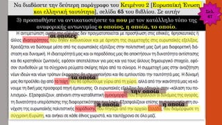Να διαβάσετε την δεύτερη παράγραφο του Κειμένου 2 [Ευρωπαϊκή Ένωση
και ελληνική ταυτότητα], σελίδα 65 του βιβλίου. Σε αυτήν
3) προσπαθήστε να αντικαταστήσετε τα που με τον κατάλληλο τύπο της
αναφορικής αντωνυμίας ο οποίος, η οποία, το οποίο.
Σελ.
67
οι οποίες
τα οποία
την οποία
η οποία η οποία
 