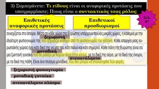 3) Συμπεράνετε: Τι είδους είναι οι αναφορικές προτάσεις που
υπογραμμίσατε; Ποιος είναι ο συντακτικός τους ρόλος;
Σελ.
67
ξεχωριστή
μοναδική
ανεπανάληπτο
ξεχωριστή φυσιογνωμία
μοναδική γυναίκα
ανεπανάληπτο πλάσμα
 