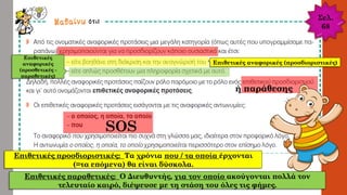 Επιθετικές αναφορικές (προσδιοριστικές)
ή παράθεσης
SOS
Επιθετικές
αναφορικές
(προσθετικές -
παραθετικές)
Επιθετικές προσδιοριστικές: Τα χρόνια που / τα οποία έρχονται
(=τα επόμενα) θα είναι δύσκολα.
Επιθετικές παραθετικές: Ο Διευθυντής, για τον οποίο ακούγονται πολλά τον
τελευταίο καιρό, διέψευσε με τη στάση του όλες τις φήμες.
Σελ.
68
 