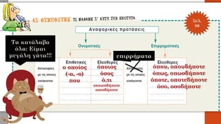 ο οποίος
(-α, -ο)
που
όπου, οπουδήποτε
όπως, οπωσδήποτε
όποτε, οποτεδήποτε
όσο, οσοδήποτε
όποιος
όσος
ό,τι
οποιοσδήποτε
οσοσδήποτε
επιρρήματα
Σελ.
86
Τα κατάλαβα
όλα: Είμαι
μεγάλη γάτα!!!
 