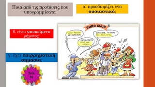 Ποια από τις προτάσεις που
υπογραμμίσατε:
α. προσδιορίζει ένα
ουσιαστικό;
β. είναι υποκείμενο
ρήματος;
γ. έχει επιρρηματική
σημασία;
Σελ.
67
 