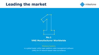 13
Leading the market
Milestone Systems
is a global leader within open platform video management software
(VMS) for IP network-based video surveillance
No.1
VMS Manufacturer Worldwide
 