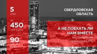 52016
СВЕРДЛОВСКАЯ
ОБЛАСТЬ
90рейсов
в день
А НЕ ПОЕХАТЬ ЛИ
НАМ ВМЕСТЕ
дистрибьюция
кросс-док | 3PL
450тонн в день
до
до
 