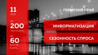 112015
200тонн в день
ПЕРМСКИЙ КРАЙ
60рейсов
в день
ИНФОРМАТИЗАЦИЯ
СЕЗОННОСТЬ СПРОСА
до
до
 
