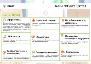 НАШИ
СОСТАВЫ
Эффективны На водной основе Не в баллонах под
давлением
БЕЗ запаха Прозрачны Не изменяют
тактильных ощущений
Воздухопроницаемы Экологичны
Гипоаллергенны и
биоинертны
 