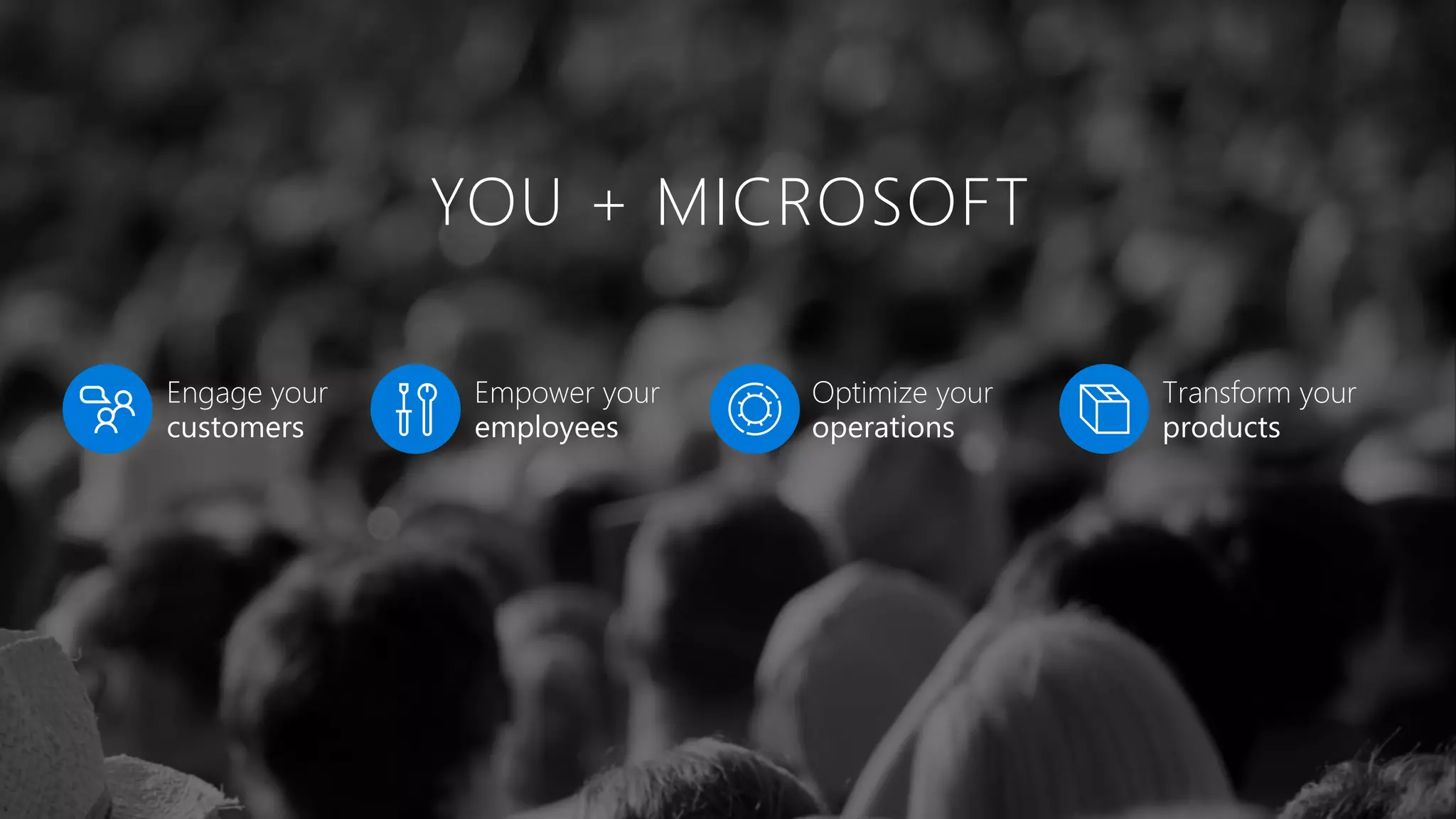 Engage your
customers
Engage your
customers
Empower your
employees
Optimize your
operations
Transform your
products
YOU + MICROSOFT
 