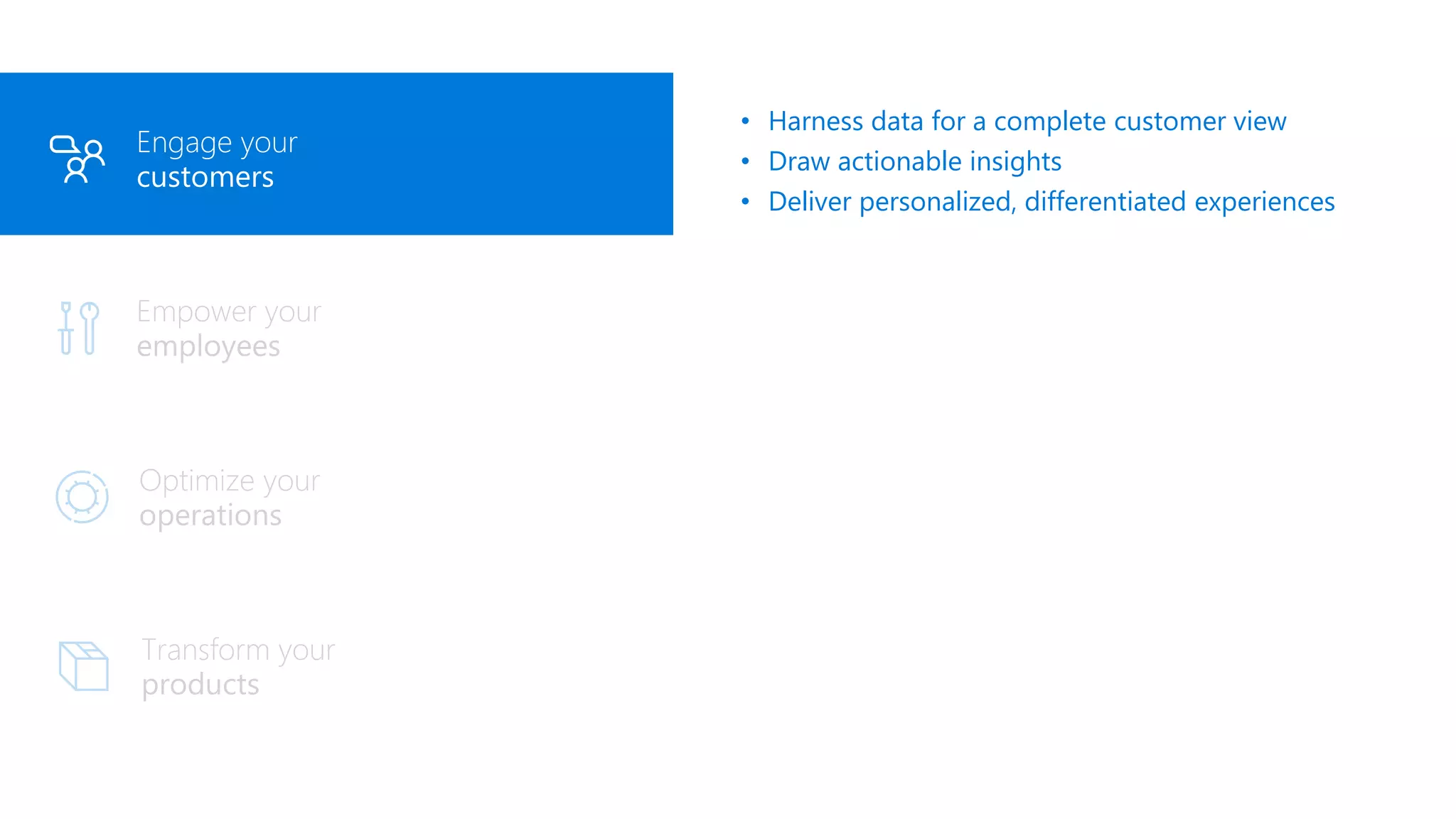 Engage your
customers
Engage your
customers
• Harness data for a complete customer view
• Draw actionable insights
• Deliver personalized, differentiated experiences
 