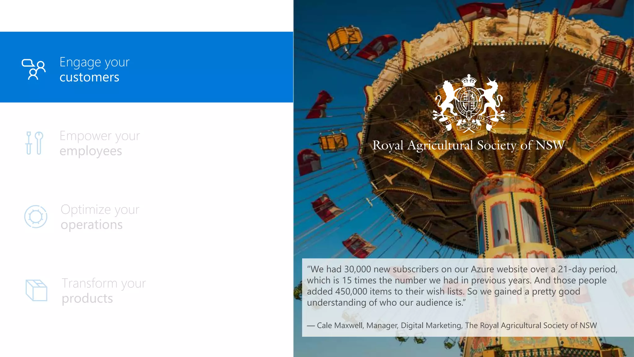 Engage your
customers
Engage your
customers
“We had 30,000 new subscribers on our Azure website over a 21-day period,
which is 15 times the number we had in previous years. And those people
added 450,000 items to their wish lists. So we gained a pretty good
understanding of who our audience is.”
— Cale Maxwell, Manager, Digital Marketing, The Royal Agricultural Society of NSW
 