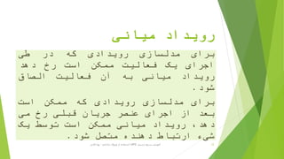 ‫میانی‬ ‫رویداد‬
‫برای‬‫مدلسازی‬‫رویدادی‬‫که‬‫در‬‫طی‬
‫اجرای‬‫یک‬‫فعالیت‬‫ممکن‬‫است‬‫رخ‬‫دهد‬
‫رویداد‬‫میانی‬‫به‬‫آن‬‫فعالیت‬‫الصاق‬
‫شود‬.
‫برای‬‫مدلسازی‬‫رویدادی‬‫که‬‫ممکن‬‫است‬
‫بعد‬‫از‬‫اجرای‬‫عنصر‬‫جریان‬‫قبلی‬‫رخ‬‫می‬
،‫دهد‬‫رویداد‬‫میانی‬‫ممکن‬‫است‬‫توسط‬‫یک‬
‫شیء‬‫ارتباط‬‫دهنده‬‫متصل‬‫شود‬.
‫ترسیم‬ ‫سریع‬ ‫آموزش‬BPD‫پارادایم‬ ‫ویژوال‬ ‫از‬ ‫استفاده‬ ‫با‬-‫فانی‬ ‫پویا‬ 12
 
