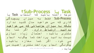 Task‫یا‬Sub-Process‫؟‬
‫توجه‬‫داشته‬‫باشید‬‫که‬‫انتخاب‬Task‫یا‬
Sub-Process‫فقط‬‫به‬‫میزان‬‫پیچیدگی‬
‫کاری‬‫که‬‫می‬‫خواهید‬‫مدل‬‫کنید‬‫ندارد‬
‫بلکه‬‫به‬‫میزان‬‫جزئیاتی‬‫که‬‫می‬‫خواهید‬
‫بدانید‬‫ارتباط‬‫دارد‬.‫اگر‬‫شما‬‫یک‬
‫مشتری‬،‫باشید‬‫احتمال‬‫زیاد‬‫نیازی‬
‫نیست‬‫بدانید‬‫پرداخت‬‫شما‬‫چگونه‬‫انجام‬
‫می‬‫شود‬.‫اگر‬‫شما‬‫مغازه‬،‫باشید‬
‫چگونگی‬‫انجام‬‫پرداخت‬‫مشتری‬‫اهمیت‬‫می‬
‫یابد‬.‫ترسیم‬ ‫سریع‬ ‫آموزش‬BPD‫پارادایم‬ ‫ویژوال‬ ‫از‬ ‫استفاده‬ ‫با‬-‫فانی‬ ‫پویا‬ 7
 