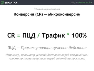 Тёмный мир аналитики
Конверсия (CR) — Микроконверсии
CR = ПЦД / Трафик * 100%
ПЦД — Промежуточное целевое действие
Например, просмотр условий доставки перед покупкой или
просмотр плана квартиры перед заявкой на просмотр
 