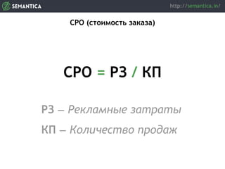 CPO (стоимость заказа)
CPO = РЗ / КП
РЗ — Рекламные затраты
КП — Количество продаж
 