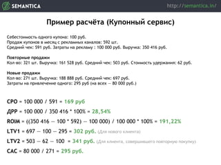 Себестоимость одного купона: 100 руб.
Продаж купонов в месяц с рекламных каналов: 592 шт.
Cредний чек: 591 руб. Затраты на рекламу : 100 000 руб. Выручка: 350 416 руб.
Повторные продажи
Кол-во: 321 шт. Выручка: 161 528 руб. Средний чек: 503 руб. Стоимость удержания: 62 руб.
Новые продажи
Кол-во: 271 шт. Выручка: 188 888 руб. Средний чек: 697 руб.
Затраты на привлечение одного: 295 руб (на всех — 80 000 руб.)
СРО = 100 000 / 591 = 169 руб
ДРР = 100 000 / 350 416 * 100% = 28,54%
ROIM = ((350 416 — 100 * 592) — 100 000) / 100 000 * 100% = 191,22%
LTV1 = 697 — 100 — 295 = 302 руб. (Для нового клиента)
LTV2 = 503 — 62 — 100 = 341 руб. (Для клиента, совершившего повторную покупку)
САС = 80 000 / 271 = 295 руб.
Пример расчёта (Купонный сервис)
 