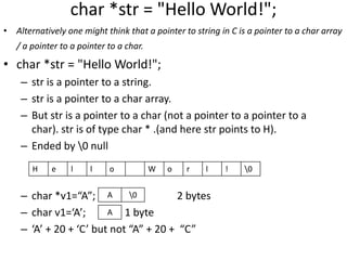 char *str = "Hello World!";
• Alternatively one might think that a pointer to string in C is a pointer to a char array
/ a pointer to a pointer to a char.
• char *str = "Hello World!";
– str is a pointer to a string.
– str is a pointer to a char array.
– But str is a pointer to a char (not a pointer to a pointer to a
char). str is of type char * .(and here str points to H).
– Ended by 0 null
– char *v1=“A”; 2 bytes
– char v1=‘A’; 1 byte
– ‘A’ + 20 + ‘C’ but not “A” + 20 + “C”
H e l l o W o r l ! 0
A 0
A
 
