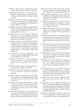 (26) Goth L, Pay A. Genetic heterogeneity in acata-
lasemia. Electrophoresis 1996; 17: 1302—03.
(27) Berkaloff A, Bourguet J, Favard P, Lacroix J.
Biología y fisiología celular: Cloroplastos, pero-
xisomas, división celular. Ed. Omega. Barcelo-
na, 1988.
(28) Yang Q, De Pierre JW. Papid one-step isolation
of mouse liver catalase by immobilized metal
ion affinity chromatography. Prot Express Puri-
fication 1998; 12: 277—83.
(29) Keegan A, Batey R. Dietary carbohydrate acce-
lerates ethanol elimination, but does not alter
hepatic alcohol dehydrogenase. Alcohol Clin
Exp Res 1993; 17 :431—3.
(30) Yoshida A, Huang I-Y, Ikawa M. Molecular
abnormality of an inactive aldehyde dehydroge-
nase variant commonly found in Orientals. Proc
Nat Acad Sci USA 1984; 81: 258—61.
(31) Farres J, Takahasi K, Cunningham SJ, Wang X,
Wang TT, Weiner H. Effects of changing gluta-
mate 487 to lysine in rat and human liver mito-
condrial aldehyde dehydrogenase: A model to
study human (Orienal type) class 2 aldehyde
dehydrogenase. J Biol Chem 1994; 269:
13854—68.
(32) Eriksson CJP. The role of acetaldehyde in the
actions of alcohol (update 2000). Alcohol clin
Exp Res 2000; 25, 5:15S—32S**.
(33) Raskin NH, Sokoloff L. Enzymes catalyzing
ethanol metabolism in neural and somatic tis-
sues of the rat. J Neurochem 1972; 19: 273—
82.
(34) Lands WEM. A review of alcohol clearance in
humans. Alcohol 1998; 15: 147—60*.
(35) Rout UK. Alcohol dehydrogenases in the brain
of mice. Alcoholism Clin Exp Res 1992; 16:
286—89.
(36) Gill, K, Menez JF, Lucas D, Deitrich RA. Enzy-
matic production of acetaldehyde from ethanol
in rat brain tissue. Alcohol Clin Exp Res 1992;
16: 910—15.
(37) Montoliu C, Valles S, Renau-Piqueras J, Guerri
C. Ethanol-induced oxygen radical formation
and lipid peroxidation in rat brain: effect of chro-
nic alcohol consumption. J Neurochem 1994;
63: 1855—62.
(38) Smith BR, Aragon CMG, Amit Z. Catalase and
the production of central acetaldehyde: A pos-
sible mediator of the psychopharmacological
effects of ethanol. Addict Biol 1997;2: 277-89*.
(39) Zimatkin SM, Liopo AV, Deitrich RA. Distribu-
tion and kineticks of ethanol metabolism in rat
brain. Alcohol Clin Exp Res 1998; 22: 1623—27.
(40) Aragon CMG, Stotland LM, Amit Z. Studies on
ethanol-brain catalase interaction: Evidence for
central ethanol oxidation. Alcohol Clin Exp
1991; Res. 15: 165—69.
(41) Moreno S, Mugnaini E, Ceru MP. Immunocy-
tochemical localization of catalase in the cen-
tral nervous system of rat. J Histochem Cyto-
chem 1995; 43: 1253—67.
(42) Aragon CMG, Rogan F, Amit Z. Ethanol meta-
bolism in rat brain homogenates by a catalase-
H202 system. Biochem. Pharmacol 1992; 44:
93—98.
(43) Zimatkin SM, Deitrich RA. Aldehyde dehydro-
genase activities in the brains of rats and mice
genetically selected for different sensivity to
alcohol. Alcohol Clin Exp Res; 1995; 19: 1300—
06.
(44) Levitt MD, Levitt DG. The critical rol of the rate
of ethanol absorption in the interpretation of
the studies purporting to demostrate gastric
metabolism of ethanol. J Pharmacol Ex Ther
1994; 269: 297—04.
(45) Laposata EA, Lang LG. Presence of non-oxida-
tive ethanol metabolism in humans organs
commonly damaged by ethanol abuse. Science
1986; 231: 497—99.
(46) Wrighton SA, Pai JK, Mueller GC. Demonstra-
tion of two unique metabolites of arachidonic
acid from phobol ester-stimulated bovine
lymphocites. Carcinogenesis 1983; 4: 1247—
51.
(47) Omodeo-Sale F, Lindi CL, Palestini P, Maserini
M. Role of phosphatidylethanol in membrans.
Effects of membrane fluidity tolerance to etha-
nol and activity of membran bound enzimes.
Biochemistry 1991; 30: 2477—82.
(48) Chao HM.. Alcohol and the mystique of flus-
hing. Alcohol Clin Exp Res 1995; 19: 104—
09**.
(49) Kupari M, Lindros K, Hillbom M, Heikkilä J, Yli-
kahri R. Cardiovascular effects of acetaldehyde
accumaltion after ethanol ingestion:Their modi-
fication by beta-adrenergic blockade and alco-
hol dehydrogenase inhibition. Alcohol Clin Exp
Res 1983;7:283—88.
(50) Inoue K, Fukunaga M, Yamasawa K Accumula-
tion of acetaldehyde in alcohol-sensitive Japa-
nese: Relation to ethanol and acetaldehyde oxi-
Aragón, C.; Miquel, M.; Correa, M.; Sanchis-Segura, C. 39
 