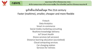 กสทช. คณะกรรมการกิจการโทรคมนาคม (กทค.)
สานักงานคณะกรรมการกิจการกระจายเสียง กิจการโทรทัศน์ และกิจการโทรคมนาคมแห่งชาติ
ธุรกิจที่จะเกิดใหม่ในยุค The 21st century
Faster (realtime), smaller, cheaper and more flexible
Fintech
Data Analytics
Smart m-commerce
Social media marketing consulting
Realtime knowledge delivery
IoT Smart Health
Drone services (all services)
Distance learning education (accredited)
Cloud computing services
Car charging station
Services for retirees
 