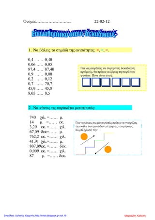 Όνομα:…………………….. 22-02-12
1. Να βάλεις το σημάδι της ανισότητας >, <, =.
0,4 ….. 0,40
0,06 ….. 0,05
87,4 ….. 87,40
0,9 ….. 0,00
0,2 ….. 0,12
0,7 ….. 70,7
45,9 ….. 45,8
8,05 ….. 8,5
2. Να κάνεις τις παρακάτω μετατροπές:
740 χιλ. =…… μ.
14 μ. =…… εκ.
3,29 εκ. =…… χιλ.
67,09 δεκ=…… μ.
762,2 εκ. =…… χιλ.
41,91 χιλ.=…… μ.
807,09εκ. =…… δεκ.
0,009 εκ. =…… χιλ.
87 μ. =…… δεκ.
Για να μπορέσεις να συγκρίνεις δεκαδικούς
αριθμούς, θα πρέπει να ξέρεις τη σειρά των
ψηφίων. Ποια είναι αυτή;
,
Για να κάνεις τις μετατροπές πρέπει να γνωρίζεις
τη σκάλα των μονάδων μέτρησης του μήκους.
Συμπλήρωσέ την:
Μαριάνθη ΧαλκίτηΕπιμέλεια: Χρήστος Χαρμπής http://xristx.blogspot.gr σελ.16
 