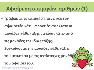 Αφαίρεση συμμιγών αριθμών (1)
Γράφουμε το μειωτέο επάνω και τον
αφαιρετέο κάτω φροντίζοντας ώστε οι
μονάδες κάθε τάξης να είναι κάτω από
τις μονάδες της ίδιας τάξης.
Συγκρίνουμε της μονάδες κάθε τάξης
του μειωτέου με τις αντίστοιχες μονάδες
του αφαιρετέου.
Κατερίνα Λάζαρη
Επιμέλεια: Χρήστος Χαρμπής http://xristx.blogspot.gr σελ.11
 