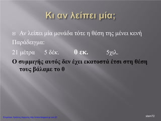  Αν λείπει μία μονάδα τότε η θέση της μένει κενή
Παράδειγμα:
21 μέτρα 5 δέκ. 0 εκ. 5χιλ.
Ο συμμιγής αυτός δεν έχει εκατοστά έτσι στη θέση
τους βάλαμε το 0
stam72Επιμέλεια: Χρήστος Χαρμπής http://xristx.blogspot.gr σελ.20
 