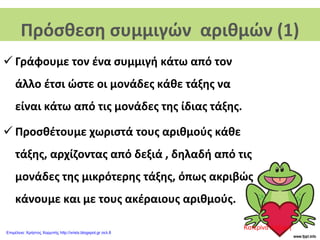 Πρόσθεση συμμιγών αριθμών (1)
 Γράφουμε τον ένα συμμιγή κάτω από τον
άλλο έτσι ώστε οι μονάδες κάθε τάξης να
είναι κάτω από τις μονάδες της ίδιας τάξης.
 Προσθέτουμε χωριστά τους αριθμούς κάθε
τάξης, αρχίζοντας από δεξιά , δηλαδή από τις
μονάδες της μικρότερης τάξης, όπως ακριβώς
κάνουμε και με τους ακέραιους αριθμούς.
Κατερίνα Λάζαρη
Επιμέλεια: Χρήστος Χαρμπής http://xristx.blogspot.gr σελ.8
 