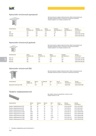410
5
Для ортогонального подвеса кабельной трассы. Может использоваться для
прокладки кабельной трассы в настенном и напольном исполнении.
Толщина профиля 2 мм. Толщина основания 5 мм
Кронштейн потолочный одинарный
Наименование Длина,
основания, мм
Ширина,
основания, мм
Длина,
профиля, мм
Нагрузка
односторонняя, кг
Нагрузка
двусторонняя, кг
Артикул,
исполнение 2
SSH 150 100 115 130 230 CLW10-SSH
SSH-400 150 100 405 80 140 CLW10-SSH-400 HDZ
SSH-600 150 100 615 60 110 CLW10-SSH-600 HDZ
Для ортогонального подвеса кабельной трассы. Может использоваться для
прокладки кабельной трассы в настенном и напольном исполнении.
Толщина профиля 2 мм. Толщина основания 5 мм
Кронштейн потолочный двойной
Наименование Длина,
основания, мм
Ширина,
основания, мм
Длина,
профиля, мм
Нагрузка
двусторонняя, кг
Артикул,
исполнение 2
KPD-110 160 120 115 270 CLW10-KPD-110-HDZ
KPD-400 160 120 405 200 CLW10-KPD-400-HDZ
KPD-600 160 120 615 160 CLW10-KPD-600-HDZ
Для ортогонального подвеса кабельной трассы. Может использоваться для
прокладки кабельной трассы в настенном и напольном исполнении.
Кронштейн потолочный SSU
Наименование Толщина
профиля, мм
Высота,
мм
D отверстий,
мм
Вес*,
кг
Кол-во
в упак., шт.
Артикул,
исполнение 1
Артикул,
исполнение 2
Кронштейн потолочный SSU 2 105 10 0,7 2 CLW10-SSU CLW10-SSU-M-HDZ
Для подвеса лотков на кронштейнах к потолку и стене.
Толщина металла 2,5 мм.
Профиль перфорированный
Наименование Длина,
мм
Ширина,
мм
Высота,
мм
Вес*,
кг
Кол во
в упак., шт.
Артикул,
исполнение 1
Артикул,
исполнение 2
Профиль перфорированный 250 250 56 40 0,45 2 CLP1Z-050-025 CLP1Z-250-M-HDZ
Профиль перфорированный 400 400 56 40 0,72 2 CLP1Z-050-04 CLP1Z-400-M-HDZ
Профиль перфорированный 600 600 56 40 1,09 2 CLP1Z-050-06 CLP1Z-600-M-HDZ
Профиль перфорированный 1000 1000 56 40 1,81 2 CLP1Z-050-10 CLP1Z-1000-M-HDZ
Профиль перфорированный 1500 1500 56 40 2,72 2 CLP1Z-050-15 CLP1Z-1500-M-HDZ
Профиль перфорированный 2000 2000 56 40 3,62 2 CLP1Z-050-20 CLP1Z-2000-M-HDZ
Профиль перфорированный 2500 2500 56 40 4,525 2 CLP1Z 050 25 1 CLP1Z-2500-M-HDZ
Профиль перфорированный 3000 3000 56 40 5,5 2 CLP1Z-020-3000 CLP1Z-3000-M-HDZ
* Указаны параметры для исполнения 1.
 