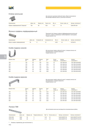412
5
Для напольного крепления кабельной трассы. Может использоваться
для прокладки кабельной трассы в настенном исполнении.
Стойка напольная
Наименование Длина, мм Ширина, мм Высота, мм Вес, кг Кол во в упак., шт. Артикул, исполнение 1
Профиль перфорированный C-образный 100 90 50,5 0,17 10 CLW10 SN 100
Применяется для придания профилю перфорированному дополнительной
жесткости и защиты от деформации в местах соединения с аксессуарами.
Толщина металла 2 мм.
Втулка в профиль перфорированный
Наименование Длина, мм D внешний, мм d внутренний, мм Вес, кг Кол во в упак., шт. Артикул, исполнение 1
Втулка в профиль перфорированный 50 17 13 0,037 16 CLP1ZU 50
Для организации подвеса кабельной трассы с помощью шпильки или
непосредственно к несущей поверхности.
Толщина металла 2 мм.
Скоба подвеса нижняя
Ширина лотка Длина,
мм
Ширина,
мм
Высота,
мм
Вес*,
кг
Кол во
в упак., шт.
Артикул,
исполнение 1
Артикул,
исполнение 2
100 128 40 120 0,22 10 CLP1-SPN-100 CLP1-SPN-100-M-HDZ
150 178 46 132 0,25 10 CLP1-SPN-150 CLP1-SPN-150-M-HDZ
200 228 46 132 0,37 10 CLP1-SPN-200 CLP1-SPN-200-M-HDZ
300 328 46 132 0,48 10 CLP1-SPN-300 CLP1-SPN-300-M-HDZ
400 428 46 132 0,58 10 CLP1-SPN-400 CLP1-SPN-400-M-HDZ
500 528 46 132 0,69 10 CLP1-SPN-500 CLP1-SPN-500-M-HDZ
Для организации подвеса кабельной трассы с помощью шпильки или
непосредственно к несущей поверхности.
Толщина металла 2 мм.
Скоба подвеса верхняя
Ширина лотка Длина,
мм
Ширина,
мм
Высота,
мм
Вес*,
кг
Кол во
в упак., шт.
Артикул,
исполнение 1
Артикул,
исполнение 2
100 128 40 120 0,22 10 CLP1-SPV-100 CLP1-SPV-100-M-HDZ
150 178 46 132 0,28 10 CLP1-SPV-150 CLP1-SPV-150-M-HDZ
200 228 46 132 0,33 10 CLP1-SPV-200 CLP1-SPV-200-M-HDZ
300 328 46 132 0,44 10 CLP1-SPV-300 CLP1-SPV-300-M-HDZ
400 428 46 132 0,55 10 CLP1-SPV-400 CLP1-SPV-400-M-HDZ
500 528 46 132 0,65 10 CLP1-SPV-500 CLP1-SPV-500-M-HDZ
Для изготовления различных конструкций при электромонтажных работах.
Полоса ГЭМ
Наименование Длина, мм Ширина, мм Толщина металла, мм Вес*, кг Кол во в упак., шт. Артикул, исполнение 1 Артикул, исполнение 2
ПП30 К202 2000 30 3 1,26 10 CLW10-GEM-PP-30 CLW10-GEM-PP-30-UT15
ПП40 К106 2000 40 4 1,73 10 CLW10-GEM-PP-40 CLW10-GEM-PP-40-UT15
* Указаны параметры для исполнения 1.
 