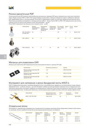 438
5
Ролики раскаточные РОР
Ролики раскаточные РОР являются приспособлением для раскатки проводов СИП вдоль промежуточных опор линий электропе-
редач. Подвес роликов РОР-1 и РОР 1700 осуществляется на кронштейн с помощью поворотного крюка, снабженного фиксато-
ром, оберегающим ролик от выскальзывания. Ролик РОР-2 подвешивается прямо на столб при помощи вспомогательной цепи.
Максимальный диаметр монтируемого с помощью роликов кабеля – 50 мм. Ролики РОР 1 и РОР 1700 предназначены для исполь-
зования только на малых углах поворота линий электропередач – до 30°.
Ролик РОР-2 применяется при больших углах поворота линии – до 90°.
Наименование Диаметр
прокладываемого
кабеля, мм
Разрушающая
нагрузка
перпендикулярно
проводу, кН
Разрушающая
нагрузка вдоль
провода, кН
Угол поворота
линии электро-
передач
Масса,
кг
Кол-во
в уп-ке
Артикул
РОР 1700 (ST26.1,
PO 1000, RT2)
50 8 30° 2,7 1 UZA 42 1700
РОР-1 (ST26.1) 50 8 30° 2 1 UZA-42-1700-1
РОР-2 (ST26.22) 50 6 24 90° 6,5 1 UZA-42-1800-2
Инструмент для натяжения и резки бандажной ленты ИНСЛ 1
ИНСЛ 1 предназначен для резки и натяжения бандажной ленты на железобетонных, деревянных или металлических опорах. Ширина
обрезаемой ленты – до 20 мм, толщина – до 1 мм. Инструмент снабжен рычагом для захвата и фиксации ленты и продольным ленто-
протяжным механизмом. Инструмент обработан антикоррозийным покрытием. Ручка ножа изготовлена из прочной стали, покры-
той резиновой оболочкой, что уменьшает вероятность соскальзывания руки во время монтажа и облегчает процесс обрезки ленты.
Наименование Максимальное усилие
натяжения ленты, кгс/Н
Масса,
кг
Количество
в упаковке, шт.
Артикул
ИНСЛ 1 (CVF, CT42, OPV) 1300/12748 1,8 1 UZA 41 0001
Матрицы для опрессовки СИП
Матрицы для опрессовки СИП предназначены для использования вместе с прессом ПГР-240.
Наименование Количество в упаковке, шт. Артикул
Матрица E140 для опрессовки СИП
прессом ПГР-240
1 шт. MTZ-E140-10-003
Матрица E173 для опрессовки СИП
прессом ПГР-240
1 шт. MTZ-E173-10-003
Матрица E215 для опрессовки СИП
прессом ПГР-240
1 шт. MTZ-E215-10-003
Спиральные вязки
Используются с защищенными проводами для их закрепления на штыревых изоляторах. Вязки обкручивают провод по обе стороны
от изолятора. Легкий и удобный монтаж без использования дополнительного инструмента.
Наименование Диаметр шейки
изолятора,
мм
Сечение
защищенного
провода, мм2
Масса,
кг
Цветная
маркировка
Количество
в упаковке,
шт.
Артикул
СВ 35 85 35-50 6,89 желтый 72 UZA-SV-35
СВ 70 85 70-95 7,38 зеленый 72 UZA-SV-70
СВ 120 85 120-150 8,2 черный 72 UZA-SV-120
 