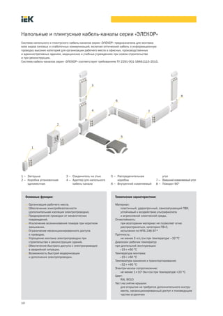 10
Напольные и плинтусные кабель каналы серии «ЭЛЕКОР»
Основные функции:
• Организация рабочего места.
• Обеспечение электробезопасности
(дополнительная изоляция электропроводки).
• Предохранение проводки от механических
повреждений.
• Исключение возникновения пожара при коротком
замыкании.
• Ограничение несанкционированного доступа
к проводке.
• Упрощение монтажа электропроводки при
строительстве и реконструкции зданий.
• Обеспечение быстрого доступа к электропроводке
в аварийной ситуации.
• Возможность быстрой модернизации
и дополнения электропроводки.
Технические характеристики:
Материал:
пластичный, ударопрочный, самозатухающий ПВХ,
устойчивый к воздействию ультрафиолета
и агрессивной химической среды.
Огнестойкость:
при возгорании материал не позволяет огню
распространяться, категория ПВ 0,
испытания по НПБ 246 97*
Прочность:
не менее 5 кгс/см при температуре –32 °С
Диапазон рабочих температур
при длительной эксплуатации:
–15¸+60 °С
Температура монтажа:
–15¸+60 °С
Температура хранения и транспортирования:
–32¸+60 °С
Электрическое сопротивление:
не менее 1´109
Ом´см при температуре +20 °С
Цвет:
RAL 9010
Тест на снятие крышки:
для открытия не требуется дополнительного инстру-
мента, несанкционированный доступ к токоведущим
частям ограничен
Система напольного и плинтусного кабель каналов серии «ЭЛЕКОР» предназначена для монтажа
всех видов силовых и слаботочных коммуникаций, включая оптический кабель и информационную
проводку высоких категорий для организации рабочего места в офисных, производственных
и административных зданиях, медицинских и учебных учреждениях при новом строительстве
и при реконструкции.
Система кабель каналов серии «ЭЛЕКОР» соответствует требованиям ТУ 2291 001 18461115 2010.
1 – Заглушка
2 – Коробка установочная
одноместная
3 – Соединитель на стык
4 – Адаптер для напольного
кабель канала
5 – Распределительная
коробка
6 – Внутренний изменяемый
угол
7 – Внешний изменяемый угол
8 – Поворот 90°
1
2
3
5
4
6
7
8
 