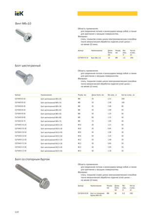 110
Область применения:
для соединения лотков и аксессуаров между собой, а также
для крепления к несущим поверхностям.
Материал:
сталь, покрытая слоем цинка электрохимическим способом
после механической обработки изделия (слой цинка –
не менее 10 мкм).
Болт со стопорным буртом
Артикул Наименование Резьба,
мм
Длина
болта,
мм
Вес
упак.,
кг
Кол во
в упак.,
шт.
CLP1M B 8 65 Болт со стопорным
буртом М8´65
М8 65 6,3 200
Область применения:
для соединения лотков и аксессуаров между собой, а также
для крепления к несущим поверхностям.
Материал:
сталь, покрытая слоем цинка электрохимическим способом
после механической обработки изделия (слой цинка –
не менее 10 мкм).
Болт шестигранный
Артикул Наименование Резьба, мм Длина болта, мм Вес упак., кг Кол во в упак., шт.
CLP1M B 6 20 Болт шестигранный М6´20 М6 20 1,31 200
CLP1M B 8 20 Болт шестигранный М8´20 М8 20 1,38 100
CLP1M B 8 30 Болт шестигранный М8´30 М8 30 1,08 60
CLP1M B 8 40 Болт шестигранный М8´40 М8 40 1,09 50
CLP1M B 8 50 Болт шестигранный М8´50 М8 50 1,24 50
CLP1M B 8 60 Болт шестигранный М8´60 М8 60 1,15 40
CLP1M B 8 70 Болт шестигранный М8´70 М8 70 1,00 30
CLP1M B 10 20 Болт шестигранный М10´20 М10 20 1,21 50
CLP1M B 10 30 Болт шестигранный М10´30 М10 30 0,94 30
CLP1M B 10 40 Болт шестигранный М10´40 М10 40 1,09 30
CLP1M B 10 50 Болт шестигранный М10´50 М10 50 1,24 30
CLP1M B 12 20 Болт шестигранный М12´20 М12 20 1,08 30
CLP1M B 12 30 Болт шестигранный М12´30 М12 30 0,90 20
CLP1M B 12 40 Болт шестигранный М12´40 М12 40 1,05 20
CLP1M B 12 50 Болт шестигранный М12´50 М12 50 1,19 20
Область применения:
для соединения лотков и аксессуаров между собой, а также
для крепления к несущим поверхностям.
Материал:
сталь, покрытая слоем цинка электрохимическим способом
после механической обработки изделия (слой цинка –
не менее 10 мкм).
Винт М6´10
Артикул Наименование Длина
болта,
мм
Резьба,
мм
Вес
упак.,
кг
Кол во
в упак.,
шт.
CLP1M V 6 10 Винт М6´10 10 М6 1,6 200
 