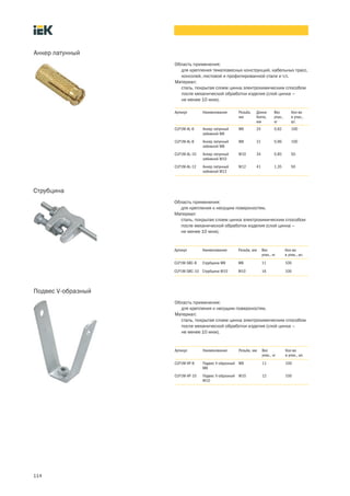 114
Область применения:
для крепления тяжеловесных конструкций, кабельных трасс,
консолей, листовой и профилированной стали и т.п.
Материал:
сталь, покрытая слоем цинка электрохимическим способом
после механической обработки изделия (слой цинка –
не менее 10 мкм).
Анкер латунный
Артикул Наименование Резьба,
мм
Длина
болта,
мм
Вес
упак.,
кг
Кол во
в упак.,
шт.
CLP1M AL 6 Анкер латунный
забивной М6
М6 24 0,62 100
CLP1M AL 8 Анкер латунный
забивной М8
М8 31 0,96 100
CLP1M AL 10 Анкер латунный
забивной М10
М10 34 0,85 50
CLP1M AL 12 Анкер латунный
забивной М12
М12 41 1,35 50
Область применения:
для крепления к несущим поверхностям.
Материал:
сталь, покрытая слоем цинка электрохимическим способом
после механической обработки изделия (слой цинка –
не менее 10 мкм).
Струбцина
Артикул Наименование Резьба, мм Вес
упак., кг
Кол во
в упак., шт.
CLP1M SBC 8 Cтрубцина М8 М8 11 100
CLP1M SBC 10 Cтрубцина М10 М10 16 100
Область применения:
для крепления к несущим поверхностям.
Материал:
сталь, покрытая слоем цинка электрохимическим способом
после механической обработки изделия (слой цинка –
не менее 10 мкм).
Подвес V образный
Артикул Наименование Резьба, мм Вес
упак., кг
Кол во
в упак., шт.
CLP1M VP 8 Подвес V образный
М8
М8 11 100
CLP1M VP 10 Подвес V образный
М10
М10 12 100
 