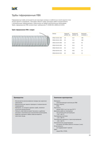 29
Трубы гофрированные ПВХ
Труба гофрированная ПВХ с зондом
Артикул Наружный
диаметр, мм
Внутренний
диаметр, мм
Количество
в упаковке, м
CTG20 16 K41 100I 16 10,7 100
CTG20 20 K41 100I 20 14,1 100
CTG20 25 K41 050I 25 18,3 50
CTG20 32 K41 025I 32 24,3 25
CTG20 40 K41 015I 40 31,2 15
CTG20 50 K41 015I 50 39,6 15
CTG20 63 K41 015I 63 50,6 15
Преимущества:
• Исключается возникновение пожара при коротком
замыкании.
• Дополнительная защита проводки от механических
повреждений.
• Материал, из которого сделаны трубы, является
отличным диэлектриком.
• Гибкость труб обеспечивает быстроту и удобство
монтажа с минимальным количеством аксессуаров.
• Удобство протяжки кабеля обеспечивается
наличием зонда.
Технические характеристики:
Материал:
самозатухающая композиция ПВХ
Степень защиты:
IP55
Прочность:
свыше 350 Н на 5 см при 20 °С
Диапазон рабочих температур
при длительной эксплуатации:
–15¸+60 °С
Температура монтажа:
–10¸+60 °С
Температура хранения и транспортирования:
–25¸+60 °С
Электрическое сопротивление:
не менее 100 МОм (500 В в течение 1 мин)
Огнестойкость:
не поддерживает горение
Цвет:
серый RAL (7035)
Гофрированные трубы используются для прокладки силовых и слаботочных линий скрытого типа
внутри зданий и сооружений, благодаря гибкости трубы прокладка кабеля осуществляется
с минимальными трудозатратами и практически не требует дополнительных аксессуаров.
Трубы гофрированные ПВХ соответствуют требованиям ТУ 2248 002 18461115 2010.
 