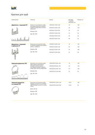 33
Крепеж для труб
Наименование Описание Артикул Для трубы
с внешним
диаметром, мм
Упаковка, шт.
Назначение: для крепления трубы.
Конструкция держателя позволяет
соединять между собой несколько
держателей.
Материал: АБС
Цвет: RAL 7035
CTA10D CF 16 K41 100 16 100
CTA10D CF 20 K41 100 20 100
CTA10D CF 25 K41 050 25 50
CTA10D CF 32 K41 040 32 40
CTA10D CF 40 K41 030 40 30
CTA10D CF 50 K41 025 50 25
Назначение: для крепления трубы.
В комплекте держателя уже имеется
дюбель с саморезом.
Материал: ПВХ
Цвет: RAL 7035
CTA10D CT 16 K41 100 16 100
CTA10D CT 20 K41 100 20 100
CTA10D CT 25 K41 100 25 100
CTA10D CT 32 K41 050 32 50
Назначение: для крепления трубы.
Труба надежно прикрепляется
благодаря наличию защелки.
Конструкция позволяет соединять
между собой несколько держателей.
Материал: АБС
Цвет: RAL 7035
CTA10D CFC 16 K41 100 16 100
CTA10D CFC 20 K41 100 20 100
CTA10D CFC 25 K41 100 25 100
CTA10D CFC 32 K41 050 32 50
Назначение: для крепления трубы.
Подходит для различных диаметров
трубы благодаря наличию на основе
стяжки.
Длина: 205 мм
Материал: ПВХ
Цвет: RAL 7035
CTA10D CFF1 32 K41 100 16 32 100
CTA10D CFF2 63 K41 050 32 63 50
Держатель с защелкой CF
Держатель с защелкой
и дюбелем CТ
Хомутный держатель CFC
Хомутный держатель
со стяжкой CFF
 