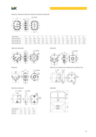 43
КМ41241, КМ41242, КМ41243, КМ41244, КМ41245, КМ41246
КМ41233, КМ41234 КМ41235
КМ41212 01, КМ41212 02, КМ41212 03, КМ41212 04
КМ41219, КМ41222
Наименование А В C D E F G H I L M N O P R
КМ41241 КМ41242 142 102 66,5 150 110 70 175 135 41 45 24 106 66 25 18.5
КМ41243 КМ41244 182 132 66,5 190 140 70 215 165 52 52 26.5 146 96 32 18.5
КМ41245 КМ41246 182 132 116,5 190 140 120 215 165 52 52 26.5 146 96 32 68.5
КМ41237
КМ43002
Наименование А В C D
КМ41219 29 25 40 26,5
КМ41222 44 40 60 41,5
 