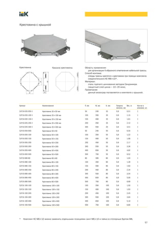 57
Крестовина с крышкой
Артикул Наименование P, мм W, мм H, мм Толщина
металла, мм
Вес, кг Кол во в
упаковке, шт.
CLP1X 035 050 1 Крестовина 35´50 мм 50 248 35 0,8 0,51 1
CLP1X 035 100 1 Крестовина 35´100 мм 100 358 35 0,8 1,15 1
CLP1X 035 150 1 Крестовина 35´150 мм 150 408 35 0,8 1,61 1
CLP1X 035 200 1 Крестовина 35´200 мм 200 458 35 0,8 2,12 1
CLP1X 035 300 1 Крестовина 35´300 мм 300 558 35 0,8 3,51 1
CLP1X 050 050 Крестовина 50´50 50 248 50 0,8 0,55 1
CLP1X 050 100 Крестовина 50´100 100 358 50 0,8 1,22 1
CLP1X 050 150 Крестовина 50´150 150 408 50 0,8 1,66 1
CLP1X 050 200 Крестовина 50´200 200 458 50 0,8 2,17 1
CLP1X 050 300 Крестовина 50´300 300 558 50 0,8 3,36 1
CLP1X 050 400 Крестовина 50´400 400 658 50 0,8 4,82 1
CLP1X 050 500 Крестовина 50´500 500 758 50 0,8 6,52 1
CLP1X-080-80 Крестовина 80´80 80 308 80 0,8 1,04 1
CLP1X 080 100 Крестовина 80´100 100 358 80 0,8 1,39 1
CLP1X 080 150 Крестовина 80´150 150 408 80 0,8 1,83 1
CLP1X 080 200 Крестовина 80´200 200 458 80 0,8 2,34 1
CLP1X 080 300 Крестовина 80´300 300 558 80 0,8 3,54 1
CLP1X 080 400 Крестовина 80´400 400 658 80 0,8 5,00 1
CLP1X 080 500 Крестовина 80´500 500 758 80 0,8 6,69 1
CLP1X 100 100 Крестовина 100´100 100 358 100 0,8 1,50 1
CLP1X 100 150 Крестовина 100´150 150 408 100 0,8 1,93 1
CLP1X 100 200 Крестовина 100´200 200 458 100 0,8 2,45 1
CLP1X 100 300 Крестовина 100´300 300 558 100 0,8 3,64 1
CLP1X 100 400 Крестовина 100´400 400 658 100 0,8 5,10 1
CLP1X 100 500 Крестовина 100´500 500 758 100 0,8 6,80 1
Область применения:
для организации Х образного ответвления кабельной трассы.
Способ монтажа:
отводы трассы крепятся к крестовине при помощи комплекта
соединительного КС М6´10*.
Материал:
сталь горячего цинкования методом Сендзимира
(защитный слой цинка – 10–20 мкм).
Примечание:
данный аксессуар поставляется в комплекте с крышкой.
Крестовина Крышка крестовины
* Комплект КС М6´10 можно заменить отдельными позициями: винт М6´10 и гайка со стопорным буртом М6.
 