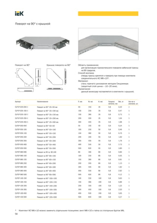 58
Поворот на 90° с крышкой
Артикул Наименование P, мм W, мм H, мм Толщина
металла, мм
Вес, кг Кол во в
упаковке, шт.
CLP1P 035 050 1 Поворот на 90° 35´50 мм 50 150 35 0,8 0,20 1
CLP1P 035 100 1 Поворот на 90° 35´100 мм 100 230 35 0,8 0,47 1
CLP1P 035 150 1 Поворот на 90° 35´150 мм 150 280 35 0,8 0,73 1
CLP1P 035 200 1 Поворот на 90° 35´200 мм 200 330 35 0,8 1,04 1
CLP1P 035 300 1 Поворот на 90° 35´300 мм 300 430 35 0,8 1,98 1
CLP2P 050 050 Поворот на 90° 50´50 50 150 50 0,8 0,24 1
CLP2P 050 100 Поворот на 90° 50´100 100 230 50 0,8 0,46 1
CLP2P 050 150 Поворот на 90° 50´150 150 280 50 0,8 0,70 1
CLP2P 050 200 Поворот на 90° 50´200 200 330 50 0,8 1,00 1
CLP2P 050 300 Поворот на 90° 50´300 300 430 50 0,8 1,76 1
CLP2P 050 400 Поворот на 90° 50´400 400 530 50 0,8 2,73 1
CLP2P 050 500 Поворот на 90° 50´500 500 630 50 0,8 3,90 1
CLP2P-080-080 Поворот на 90 гр. 80´80 80 180 80 0,8 0,60 1
CLP2P 080 100 Поворот на 90° 80´100 100 230 80 0,8 0,55 1
CLP2P 080 150 Поворот на 90° 80´150 150 280 80 0,8 0,81 1
CLP2P 080 200 Поворот на 90° 80´200 200 330 80 0,8 1,13 1
CLP2P 080 300 Поворот на 90° 80´300 300 430 80 0,8 1,92 1
CLP2P 080 400 Поворот на 90° 80´400 400 530 80 0,8 2,92 1
CLP2P 080 500 Поворот на 90° 80´500 500 630 80 0,8 4,12 1
CLP2P 100 100 Поворот на 90° 100´100 100 230 100 0,8 0,63 1
CLP2P 100 150 Поворот на 90° 100´150 150 280 100 0,8 0,89 1
CLP2P 100 200 Поворот на 90° 100´200 200 330 100 0,8 1,22 1
CLP2P 100 300 Поворот на 90° 100´300 300 430 100 0,8 2,03 1
CLP2P 100 400 Поворот на 90° 100´400 400 530 100 0,8 3,05 1
CLP2P 100 500 Поворот на 90° 100´500 500 630 100 0,8 4,27 1
Область применения:
для организации горизонтального поворота кабельной трассы
на 90 градусов.
Способ монтажа:
отводы трассы крепятся к повороту при помощи комплекта
соединительного КС М6´10*.
Материал:
сталь горячего цинкования методом Сендзимира
(защитный слой цинка – 10–20 мкм).
Примечание:
данный аксессуар поставляется в комплекте с крышкой.
Поворот на 90° Крышка поворота на 90°
* Комплект КС М6´10 можно заменить отдельными позициями: винт М6´10 и гайка со стопорным буртом М6.
 